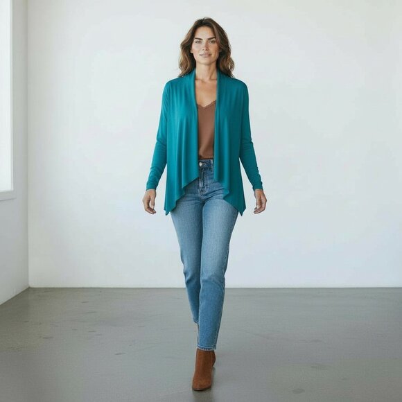 Amber Blue Deep Turquoise Waterfall Open Front Lightweight Knit Cardigan Size M - Picture 13 of 14